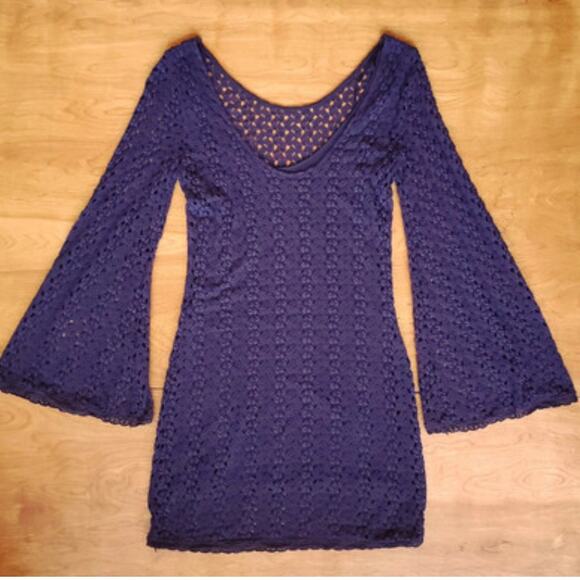 Free People Dress Medium Navy Crochet Lace Lined Boho Whimsigoth Bell Sleeve - Picture 2 of 16